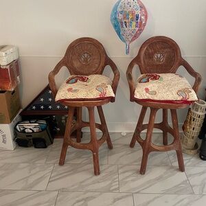 Woven Rattan Swivel Bar Stools with Paisley Seat Cushions